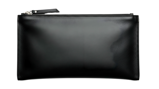 Rectangular black leather clutch accessory displayed against a stark dark background.