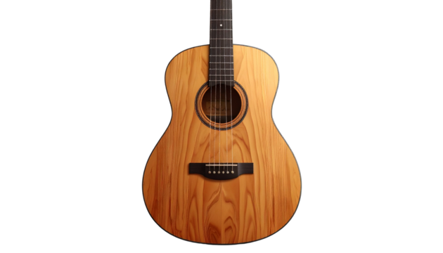 Realistic acoustic guitar with detailed wood texture and strings, isolated on transparent background, PNG format - Powered by Adobe