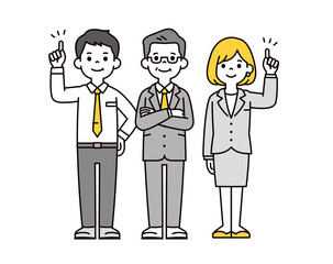 ポイントを説明する、様々な年齢のビジネスチームのシンプルな全身ベクターイラスト素材セット