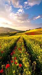 Obraz premium A rural landscape with vibrant yellow and red flowers, leading to hills