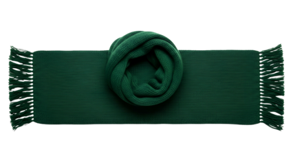 Deep green knitted accessory featuring a rolled central section and tasseled ends displayed against a solid black background.