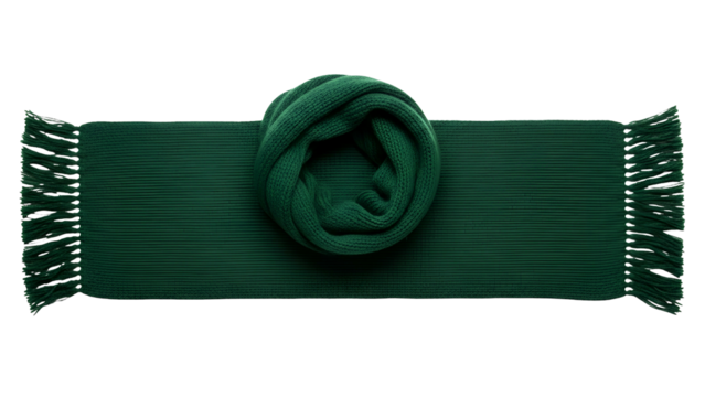 Deep green knitted accessory featuring a rolled central section and tasseled ends displayed against a solid black background.