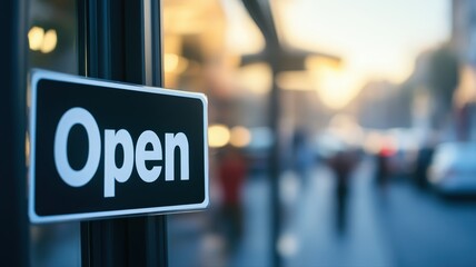 Open sign hangs on glass door, welcoming customers to thriving business. Blurry street background with warm morning light symbolizes new opportunities and daily commerce.