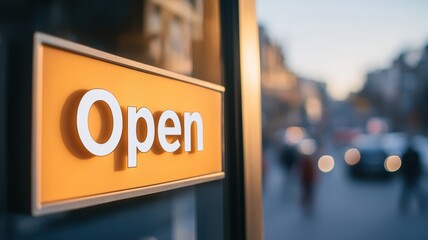 Orange open sign on storefront door with urban city street in soft focus background, symbolizing retail business, service readiness, urban commerce and welcoming atmosphere for customers