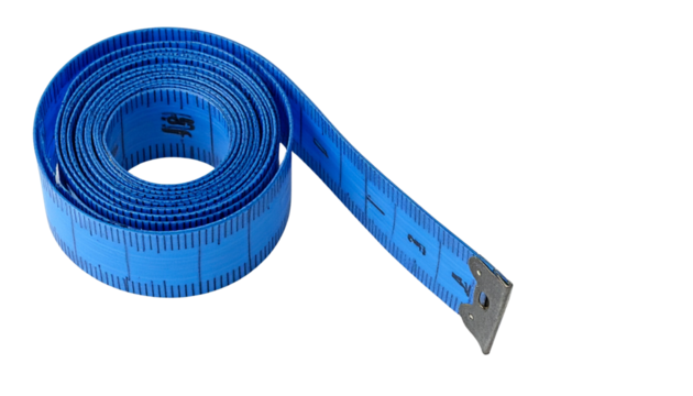  coiled blue measuring tape with clear markings, isolated on a white background, detailed texture and subtle shadows, PNG format