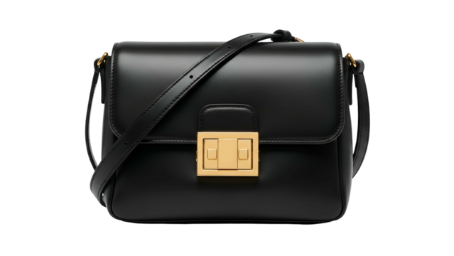 Rectangular black leather shoulder bag featuring a prominent gold-toned metal clasp against a dark background