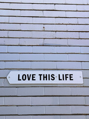 love this life, inspirational quote on street sign against painted brick wall