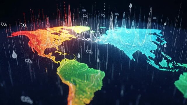 Global C O2 emissions data visualization world map with rising temperature graphs and atmospheric pollution indicators
