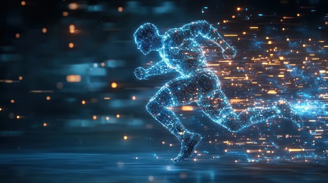 Digital runner in motion, futuristic background, dynamic action, possible use for technology, sports, or design