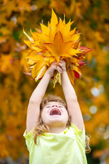 Autumn kid portrait in fall leaf park. Cute child face in autumn outdoors with happy expression....