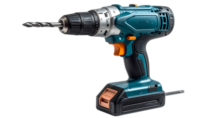 Electric drill machine with detailed metallic and plastic textures, visible drill bit, isolated on a white or transparent background, PNG format.