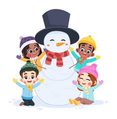 Happy Kids with Snowman in Winter Season