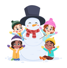 Happy Kids with Snowman in Winter Season