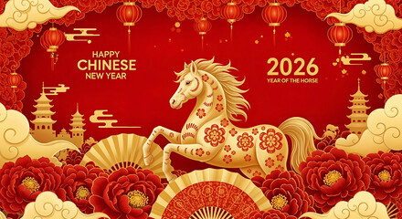 Majestic golden horse adorned with floral patterns celebrates the chinese new year of the horse in 2026