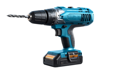 Realistic electric drill machine with detailed metallic and plastic textures, visible drill bit, isolated on a white or transparent background, PNG format