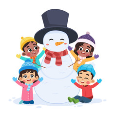 Happy Kids with Snowman in Winter Season