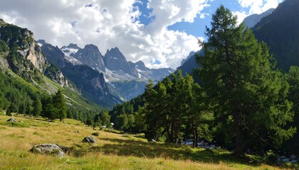 A vibrant mountain valley scene under a cloudy blue sky. Lush green trees frame a grassy meadow, leading towards jagged, snow-dusted peaks
