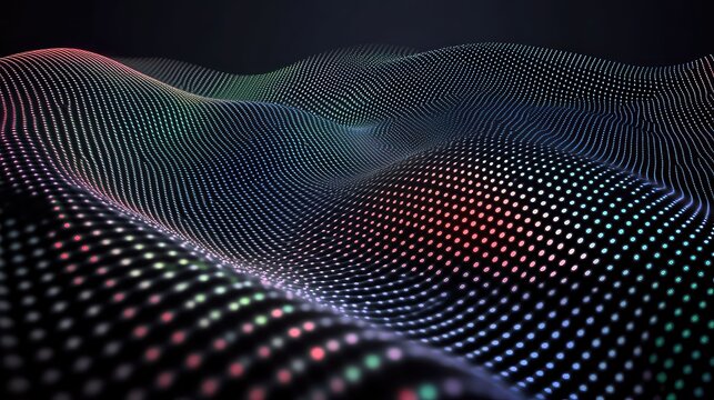 surface of a quantum dot display  an extreme macro shot showing individual quantum dots glowing with incredibly pure red, green, and blue light, vibrant and sharp. 