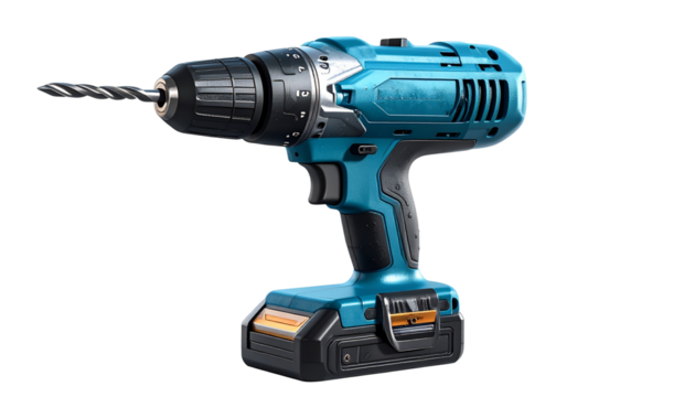 Realistic electric drill machine with detailed metallic and plastic textures, visible drill bit, isolated on a white or transparent background, PNG format