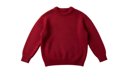 Vivid crimson knitted crewneck garment displays rich texture against a pure black background