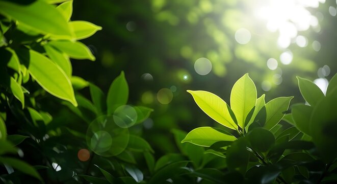 Fresh green leaves with sunlight vibrant foliage in a natural setting perfect for backgrounds
