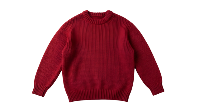 Vivid crimson knitted crewneck garment displays rich texture against a pure black background
