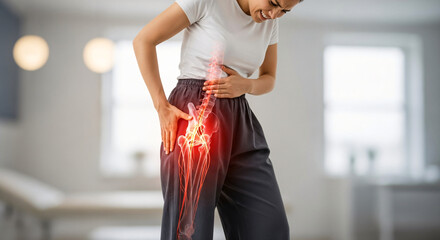 Woman Showing Sciatica Nerve Pain Through Lower Body X-Ray Effect with Intense Red Highlight