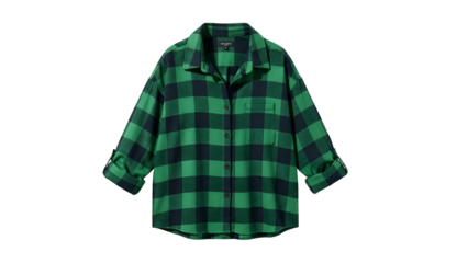Casual green and dark blue buffalo check button-up garment displayed against a black background