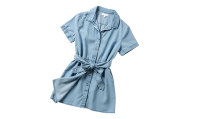 Casual light wash denim short sleeved dress with self tie belt displayed isolated on black background