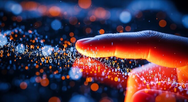Closeup of a finger touching a stream of glowing digital data particles and binary code