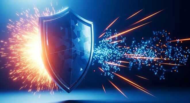 Digital shield protecting against cyber attack with glowing particles and sparks