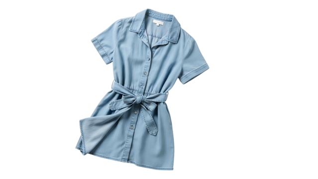 Casual light wash denim short sleeved dress with self tie belt displayed isolated on black background