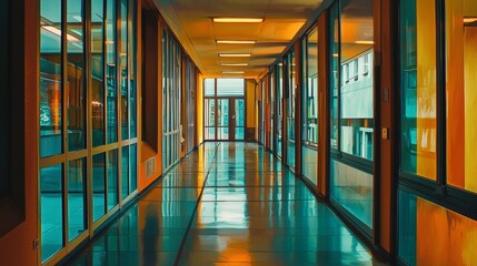 Bright and modern corridor in a contemporary building with large windows showcasing vibrant colors