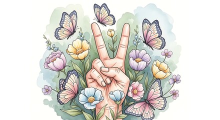 Peace hand sign with butterflies watercolor illustration