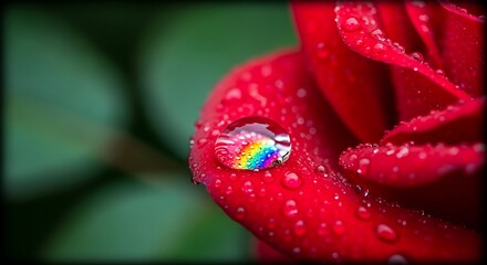Red rose with rainbow reflection and water drops