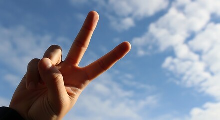 Hand making peace gesture against blue sky