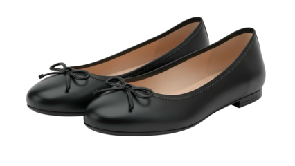 A pair of classic black leather ballet flats featuring small decorative bows rests against a dark background.