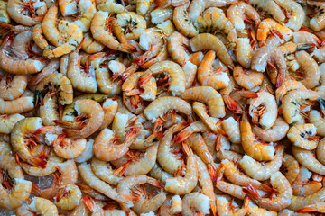 Fresh pink shrimp piled at seafood market. Raw prawns for culinary preparation. Marine protein healthy ingredient. Seafood texture background foodphoto. Frozen shrimp displayed on ice.