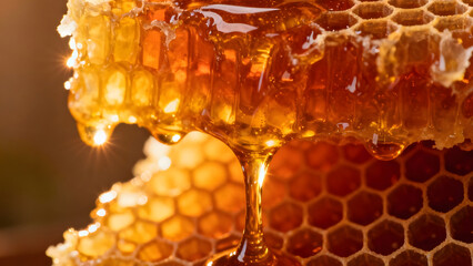 Macro of honeycomb with golden honey dripping