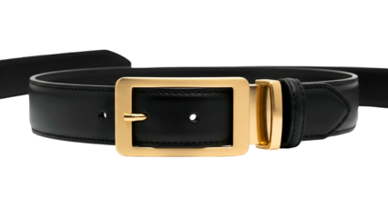 Classic black leather accessory features a rectangular gold toned metal buckle fastening mechanism
