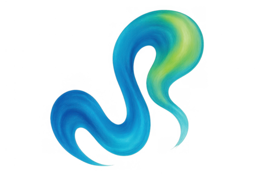 Abstract s-shaped brush stroke flowing with blue and green paint colors, representing movement and artistic design
