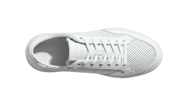 Pristine white athletic footwear is displayed against a solid dark background from a top down perspective.
