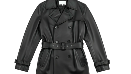 Sleek black imitation leather double breasted outerwear garment displayed against a dark background