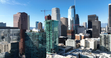 Aerial drone view of downtown Los Angeles. American dream LA cityscape. Iconic urban view of...