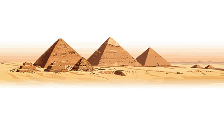 The iconic Great Pyramids of Giza standing tall in the vast Egyptian desert under a hazy sky.