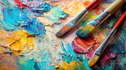 Obraz premium Artist's Palette with Paint Brushes. Colorful Paint Strokes and Art Tools. Possible Use Stock Photo