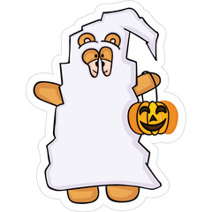 Cute Cartoon Bear Dressed as a Ghost Holding a Pumpkin Bucket for Trick or Treating on Halloween