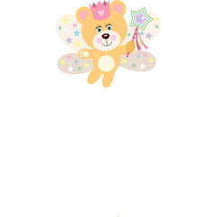 Cute Cartoon Bear Fairy with Magic Wand and Star Wings in Pastel Colors Holding a Star Wand with Pink Crown on Head