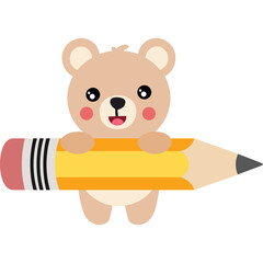 Cute Cartoon Bear Holding Yellow Pencil With Pink Eraser On White Background