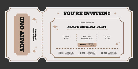 Vintage style invitation card template. Birthday ticket invitation in retro. Party ticket card design.